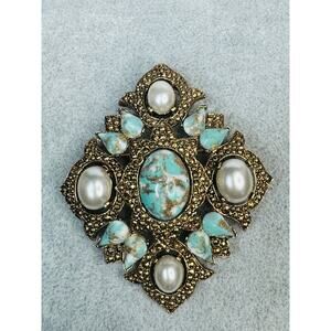 Vintage Sarah Coventry Remembrance Brooch Faux Turquoise and Pearls